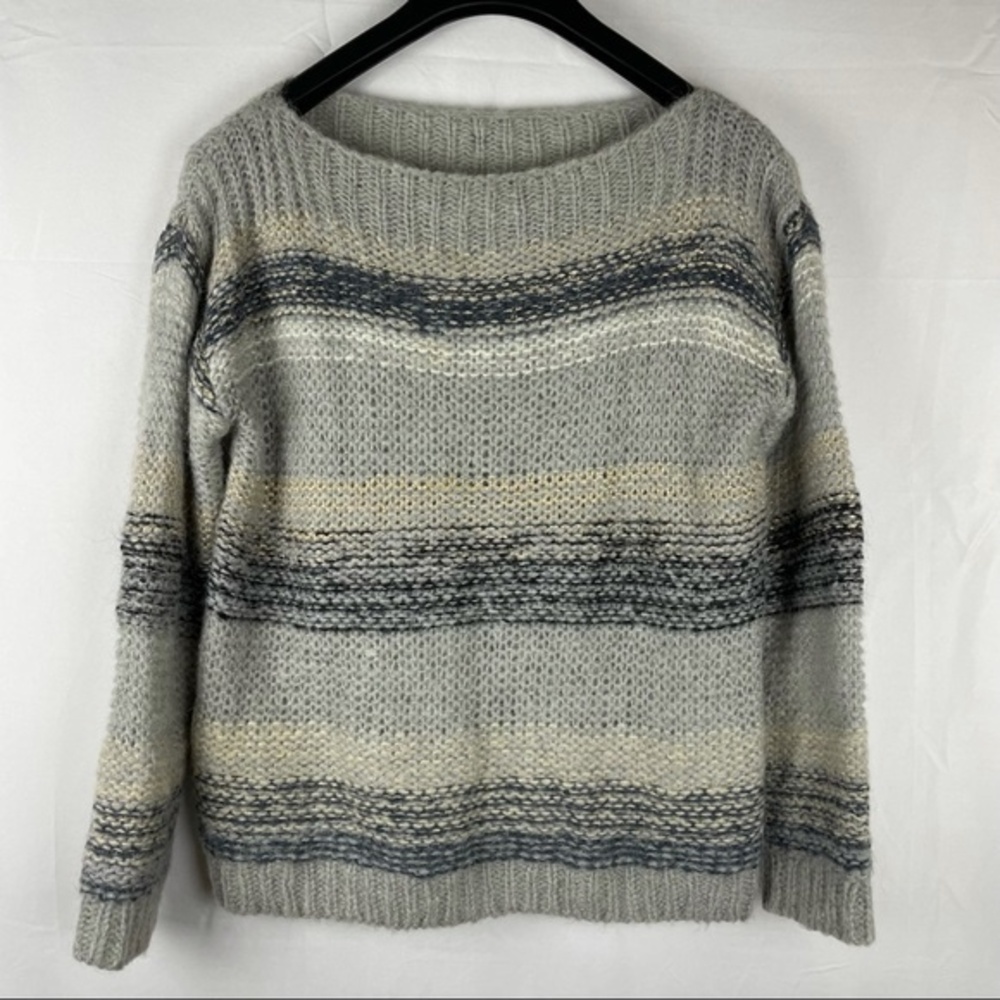 Anthropologie Numph gray beige metallic strip sweater M wool mohair blend